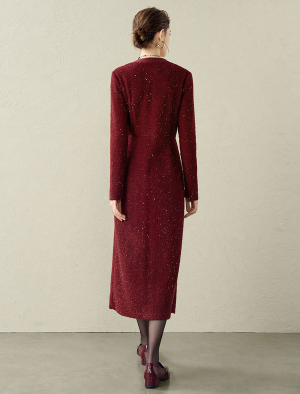 Sparkle Wool Blend V-Neck Button-Front Midi Dress