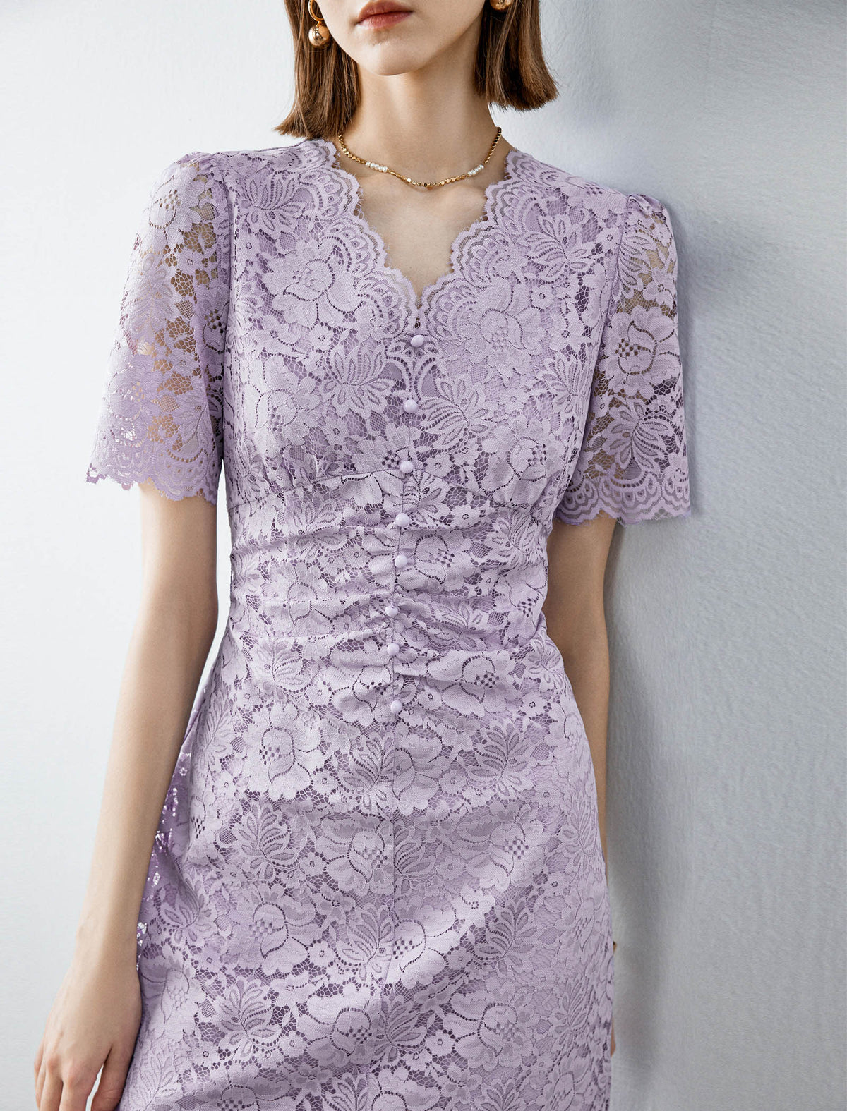 V-Neck Lilac Lace Midi Dress