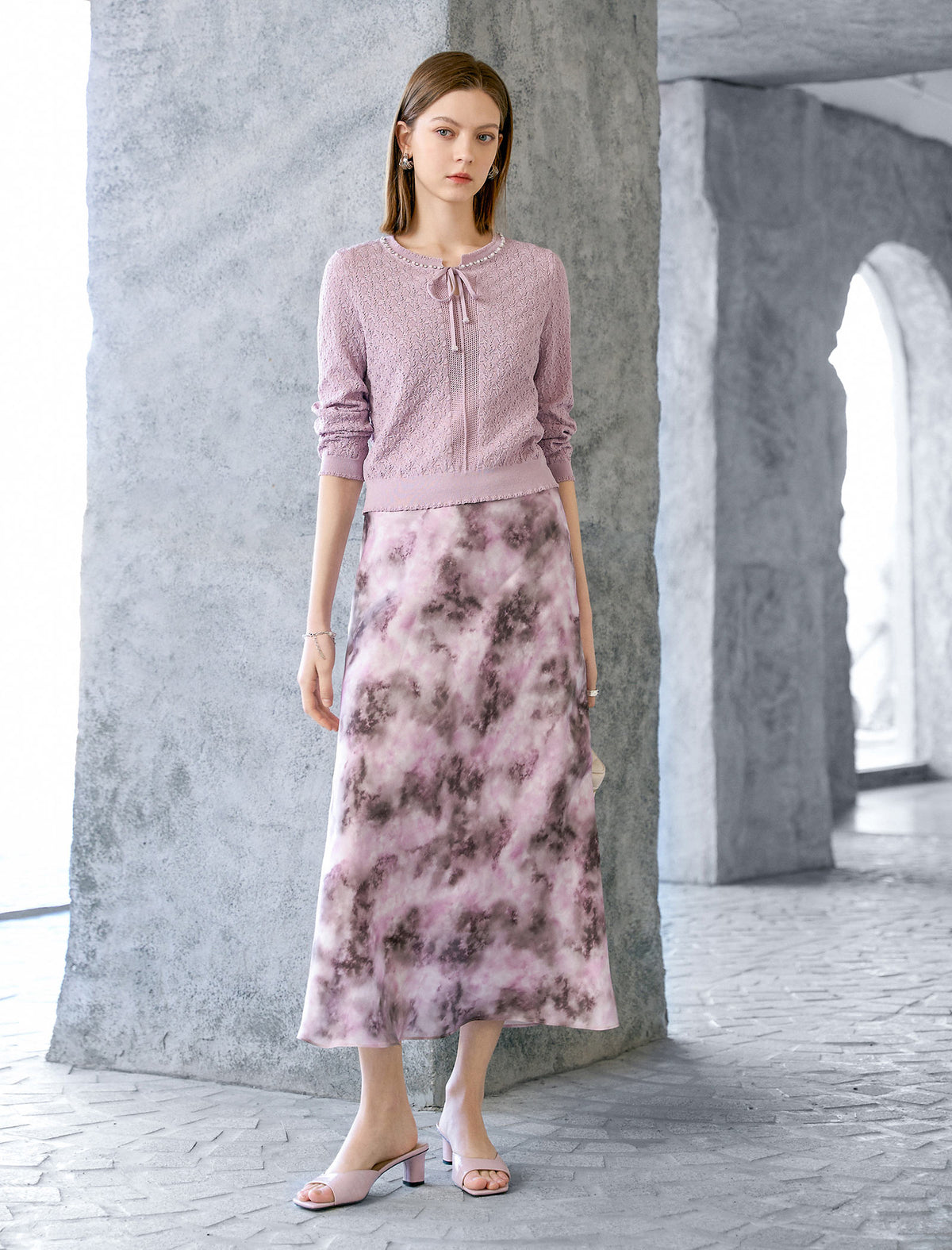 Tencel Eyelet Knit Tie-Neck Sweater