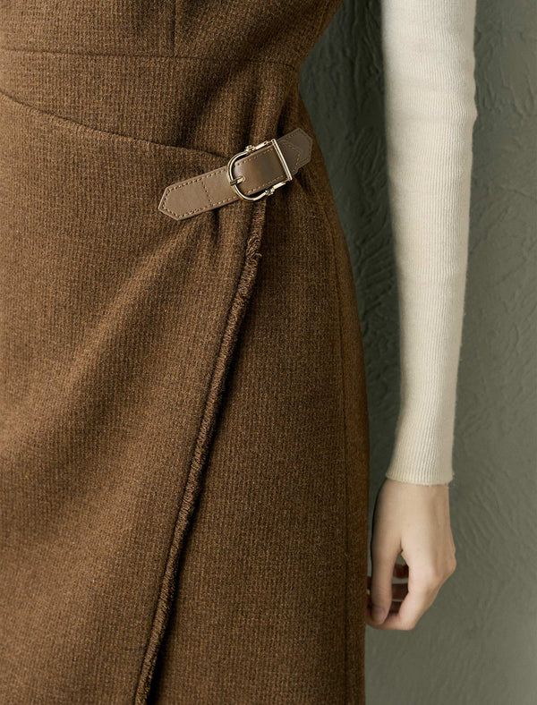 Wool-Blend Asymmetric Hem Leather Buckle Sleeveless Midi Dress