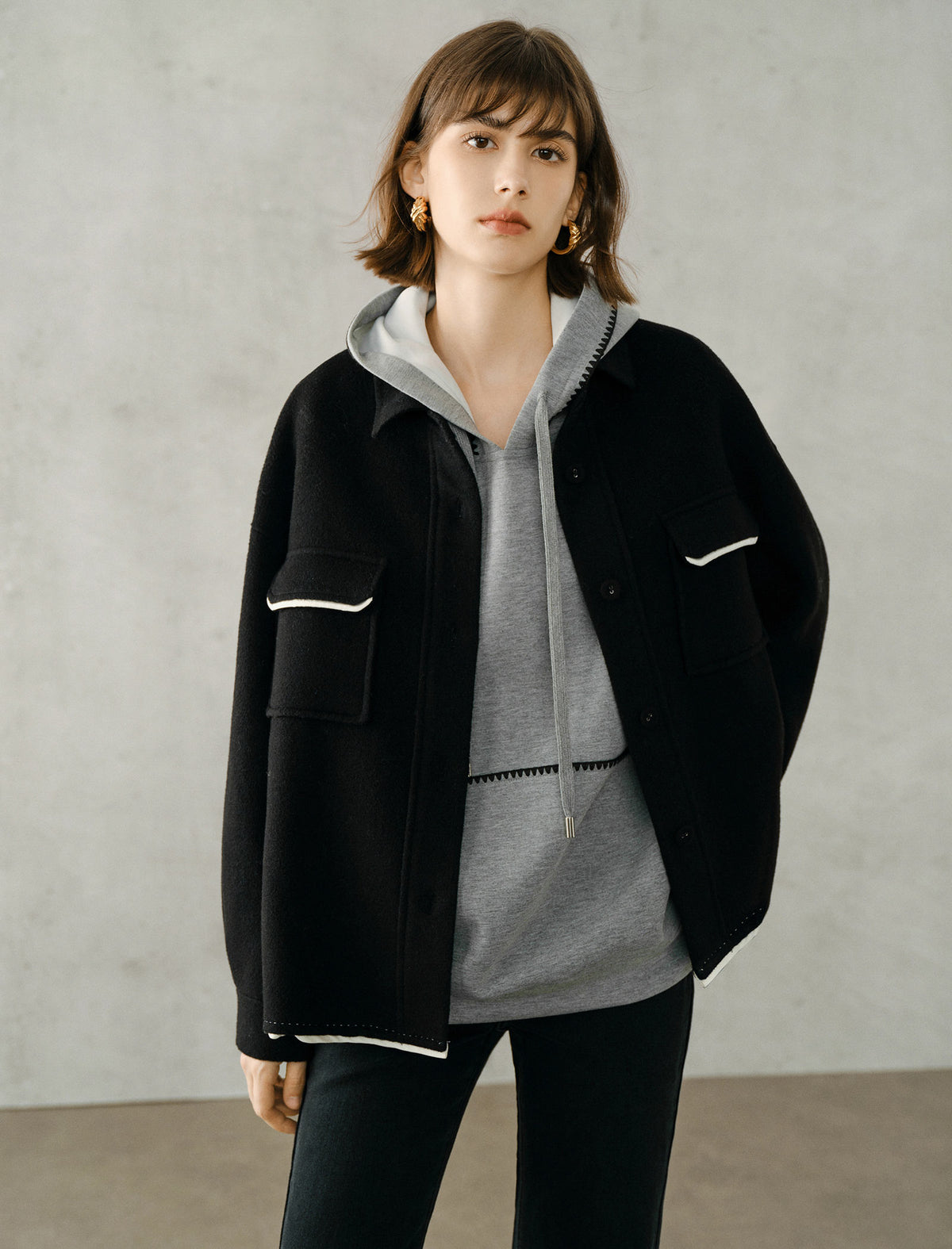 100% Wool Contrast Detail Shirt Jacket