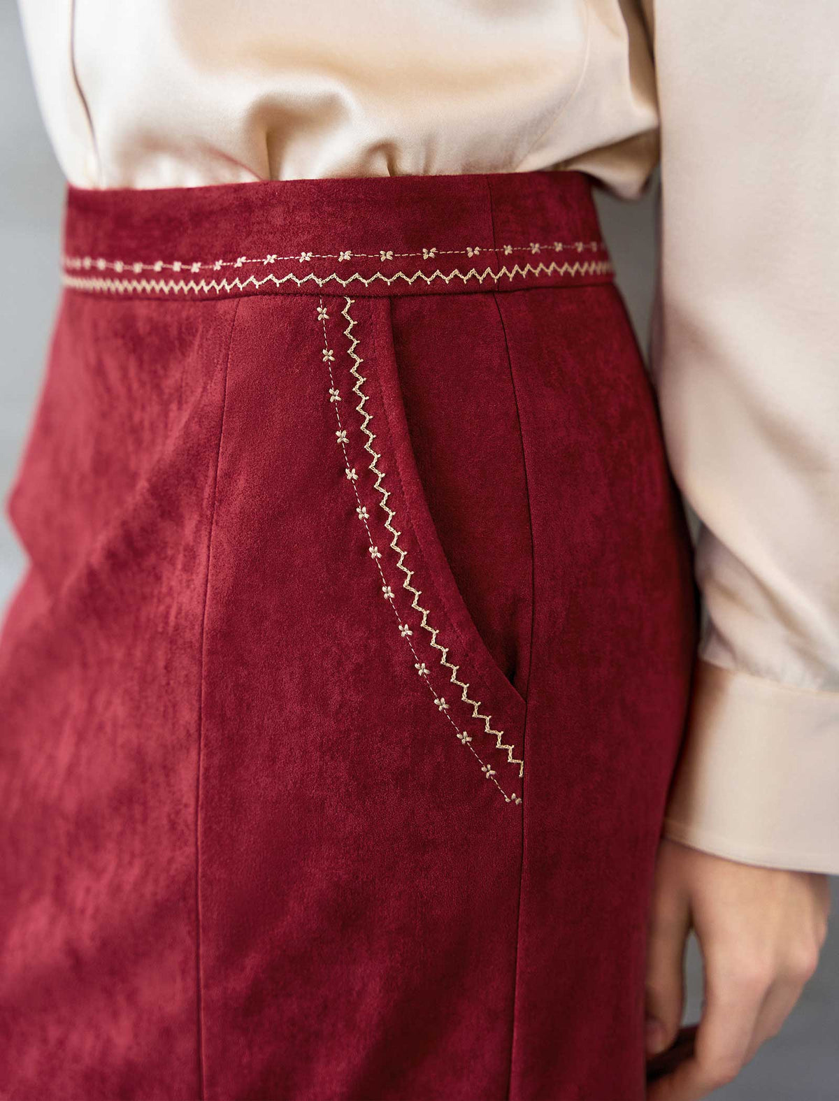 Burgundy Faux Suede Midi Pencil Skirt