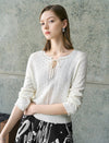 Tencel Eyelet Knit Tie-Neck Sweater