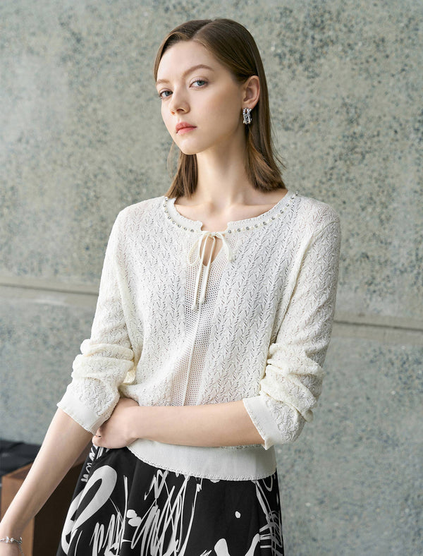 Tencel Eyelet Knit Tie-Neck Sweater