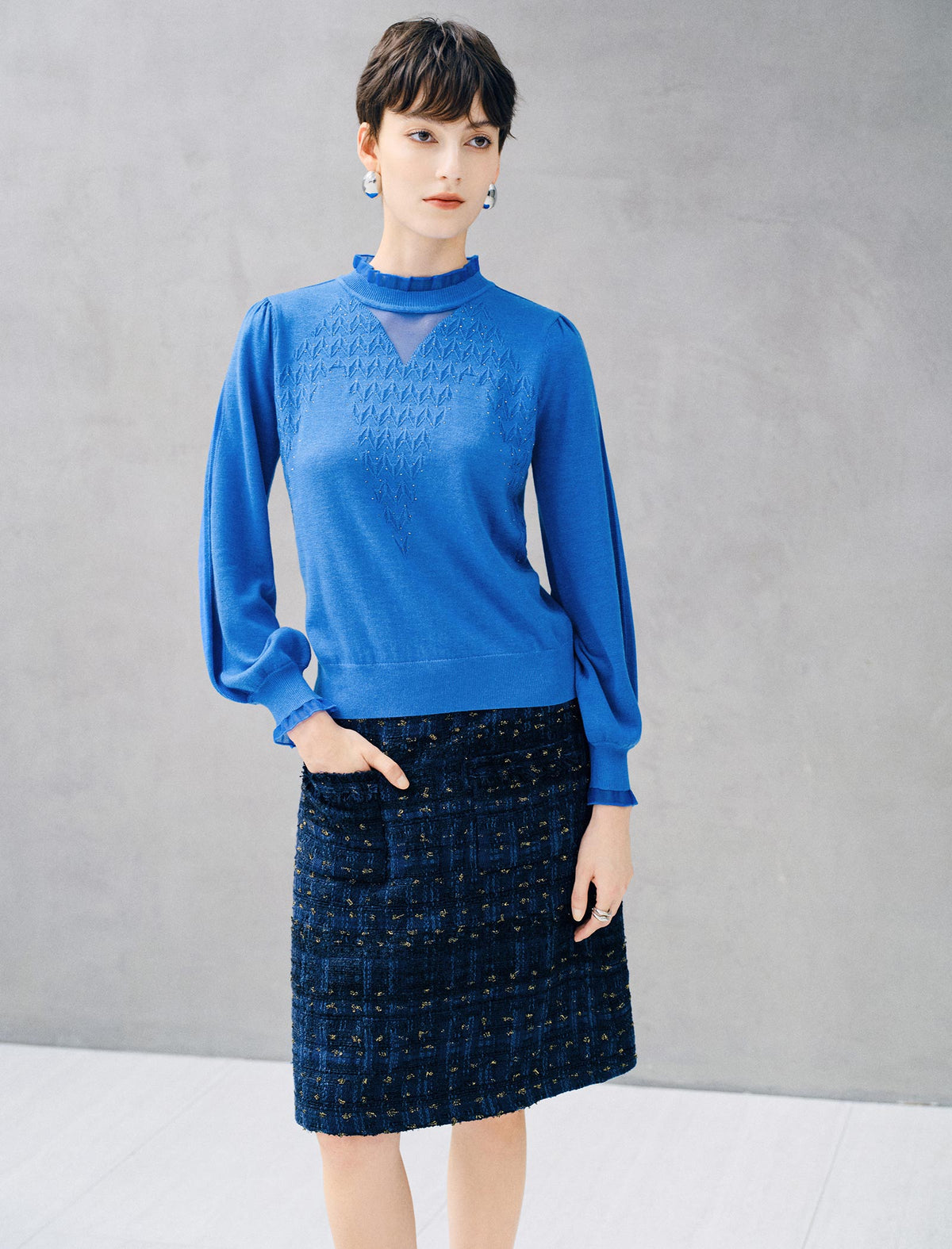 Wool Blend Metallic Plaid High-Waist Straight Knee-Length Skirt