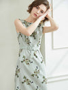 Light Green Gingham Floral Self-Belt Sleeveless Dress