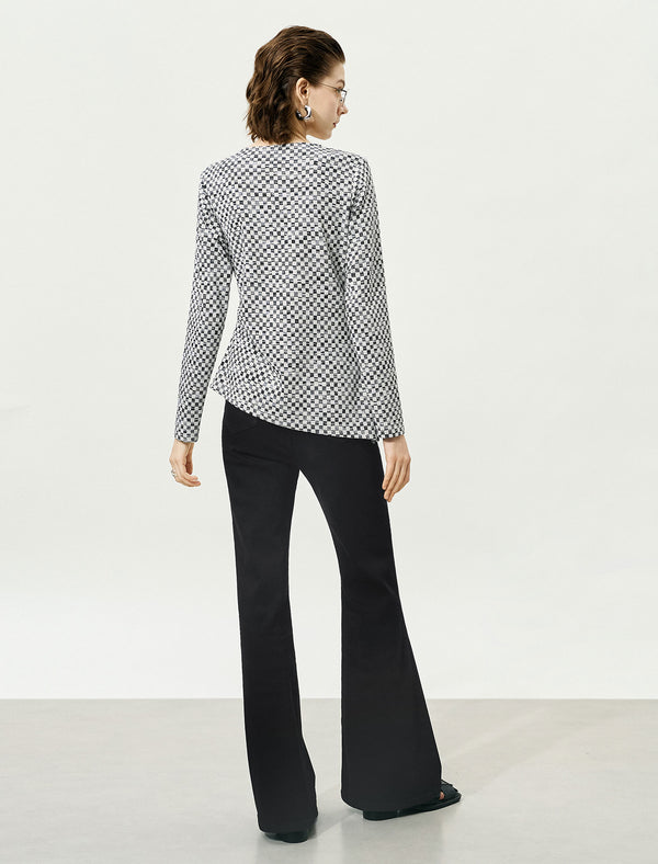 Plaid Black White Slim Fit Knit Top