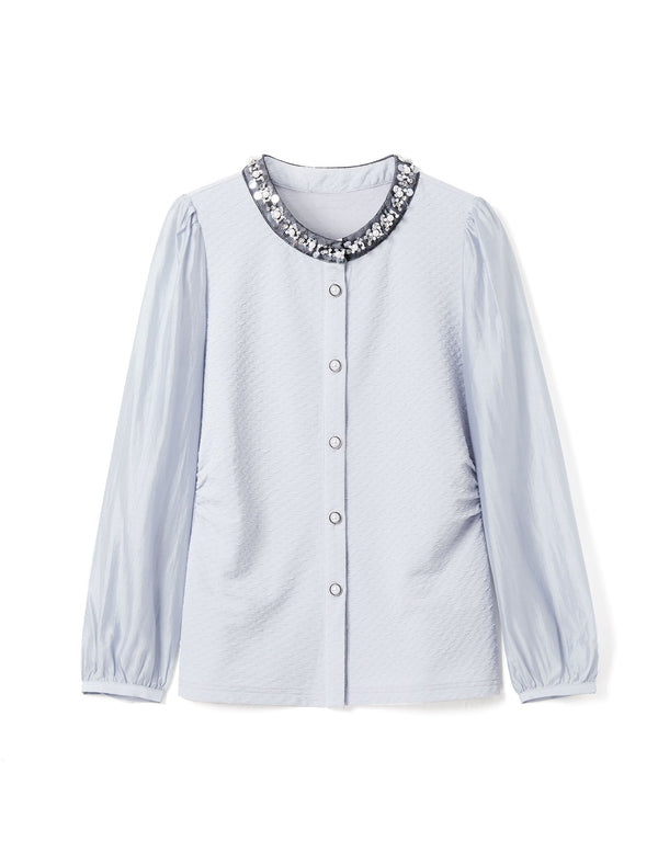 Embellished Collar Long Puff Sleeve Blouse