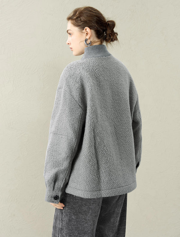 Teddy Fleece Wool-Blend High-Neck Zip Jacket