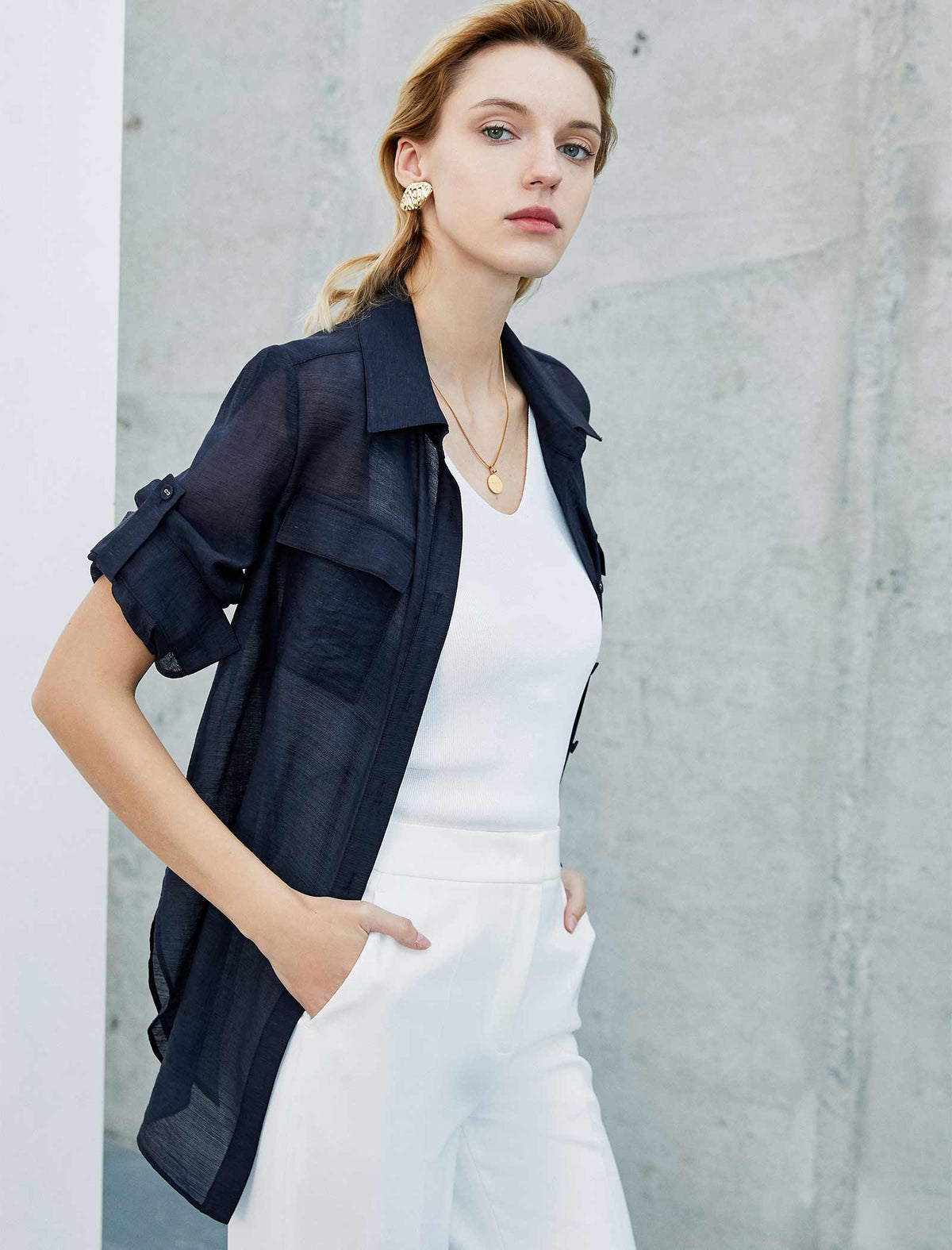 Navy Sheer Belted Shirt