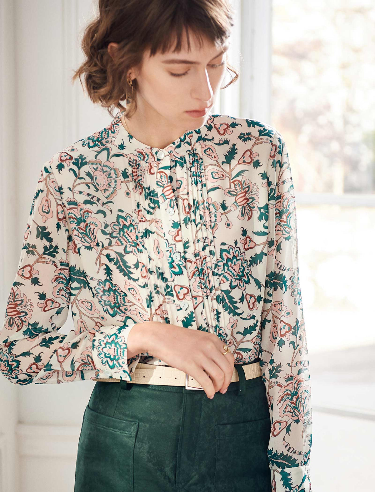 Floral Gathered Detail Mock-Neck Blouse
