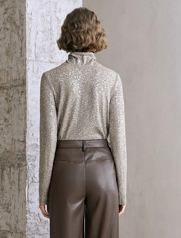 All-Over Sequin Turtleneck Long-Sleeve Top