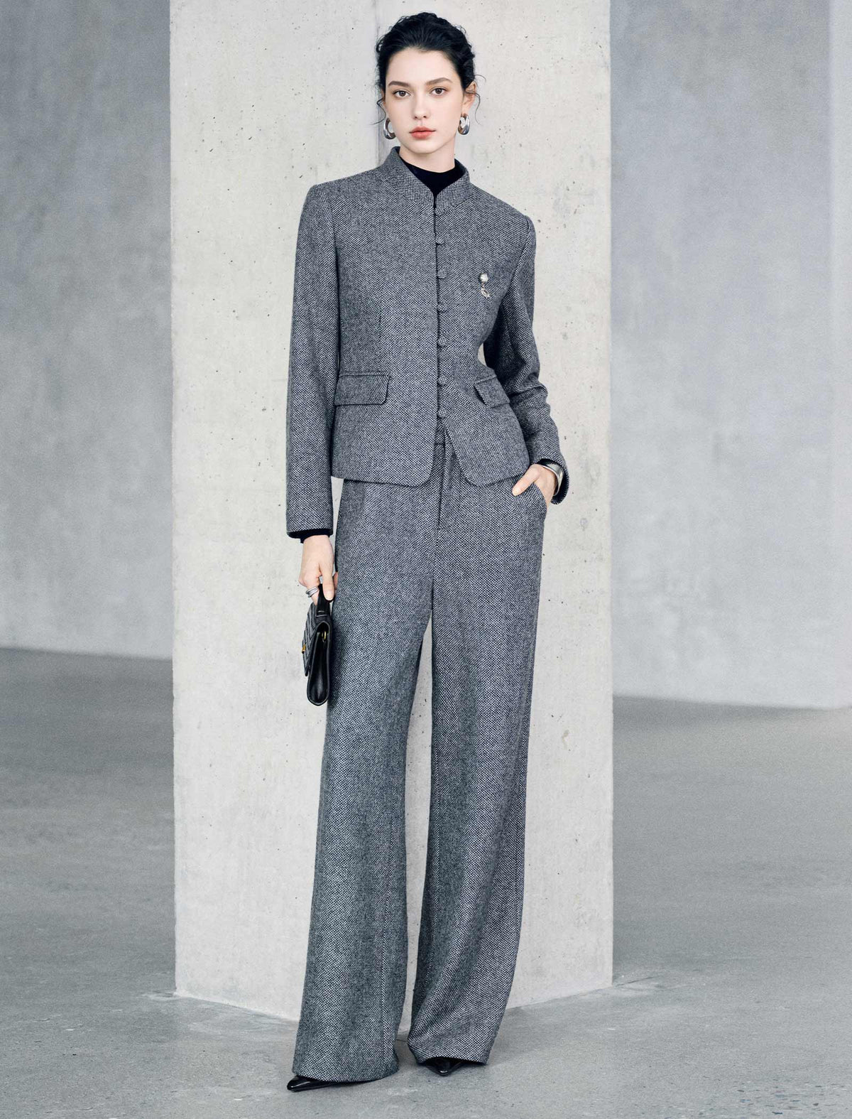 Wool Blend Mandarin Collar Cropped Jacket