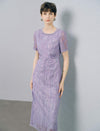 Lavender Sequin Lace Beaded Neck Ruched Waist Midi Dress