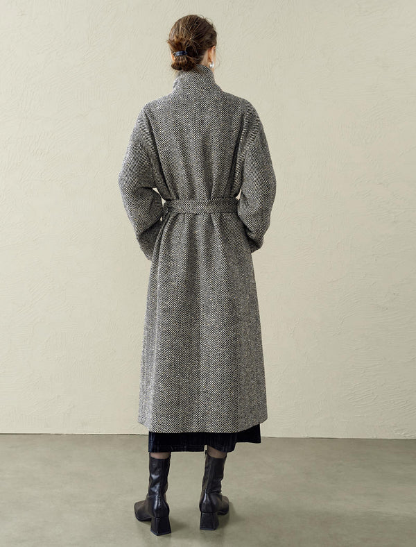 Herringbone Wool-Blend Self-Tie Overcoat