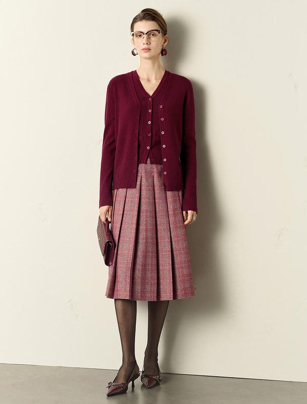 Red Plaid Pleated A-Line Midi Skirt