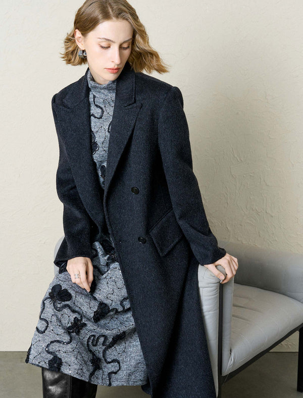 Dark Gray 100% Wool Double-Breasted Coat