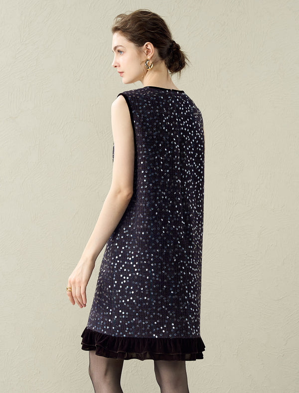 Sequin Tweed Wool Blend Velvet Hem Sleeveless Mini Dress