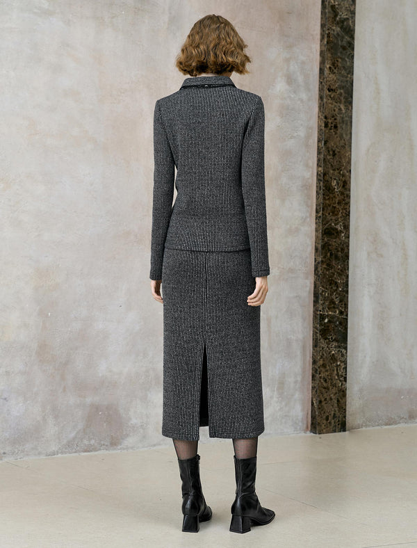 Back Slit Ribbed Knit Midi Skirt