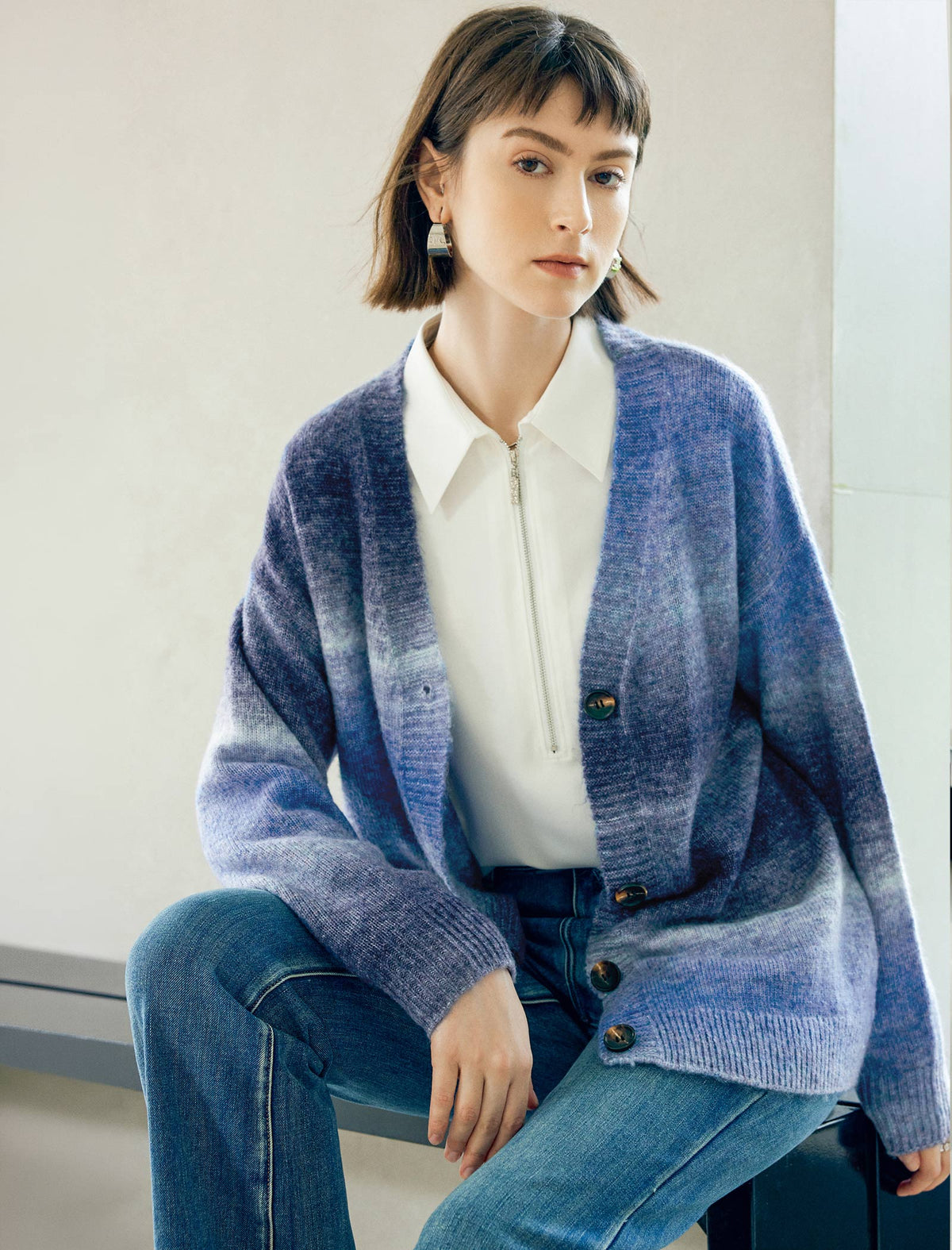 Wool Blend Gradient Stripe Open-Front Cardigan
