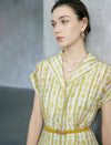 Yellow Geometric Print Lapel Cap Sleeve Belted Shirt Midi Dress