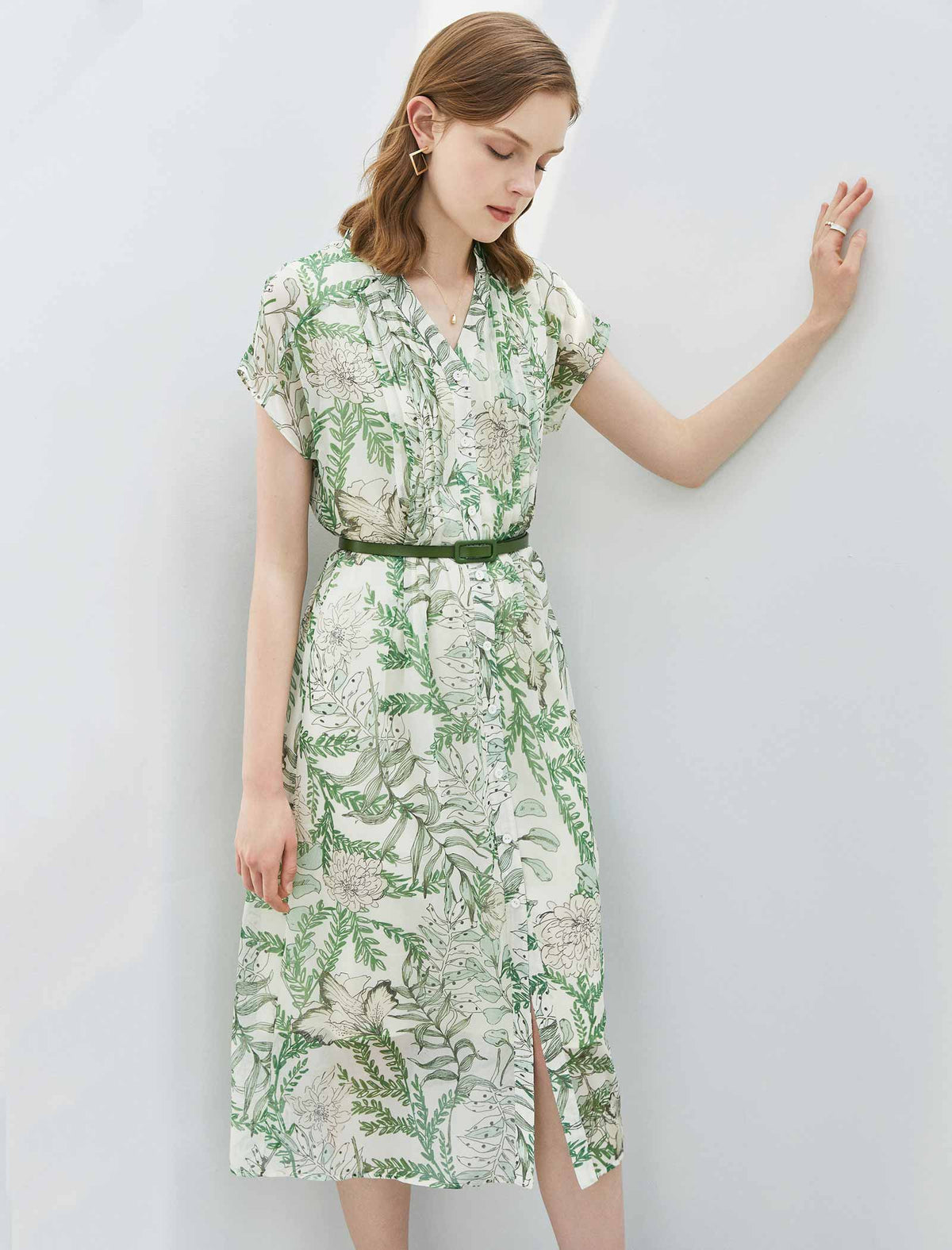 Botanical Print Belted Shirt Midi Dress