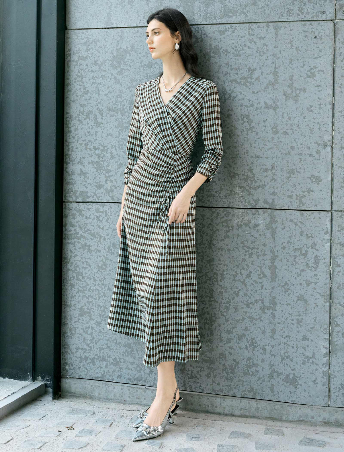 Checked Wrap Midi Dress
