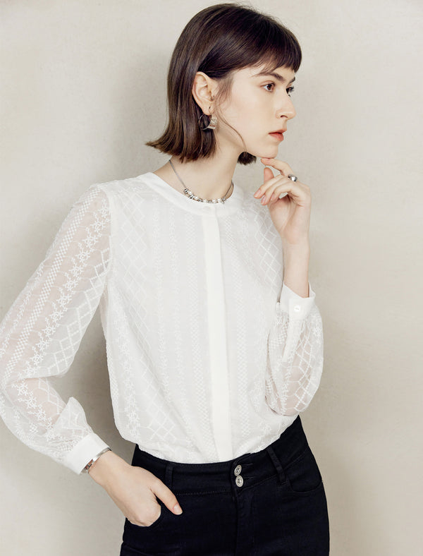 Lace Round Neck Button Front Blouse