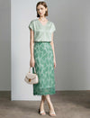 Sage Green Floral Leaf Lace High Waist Pencil Midi Skirt