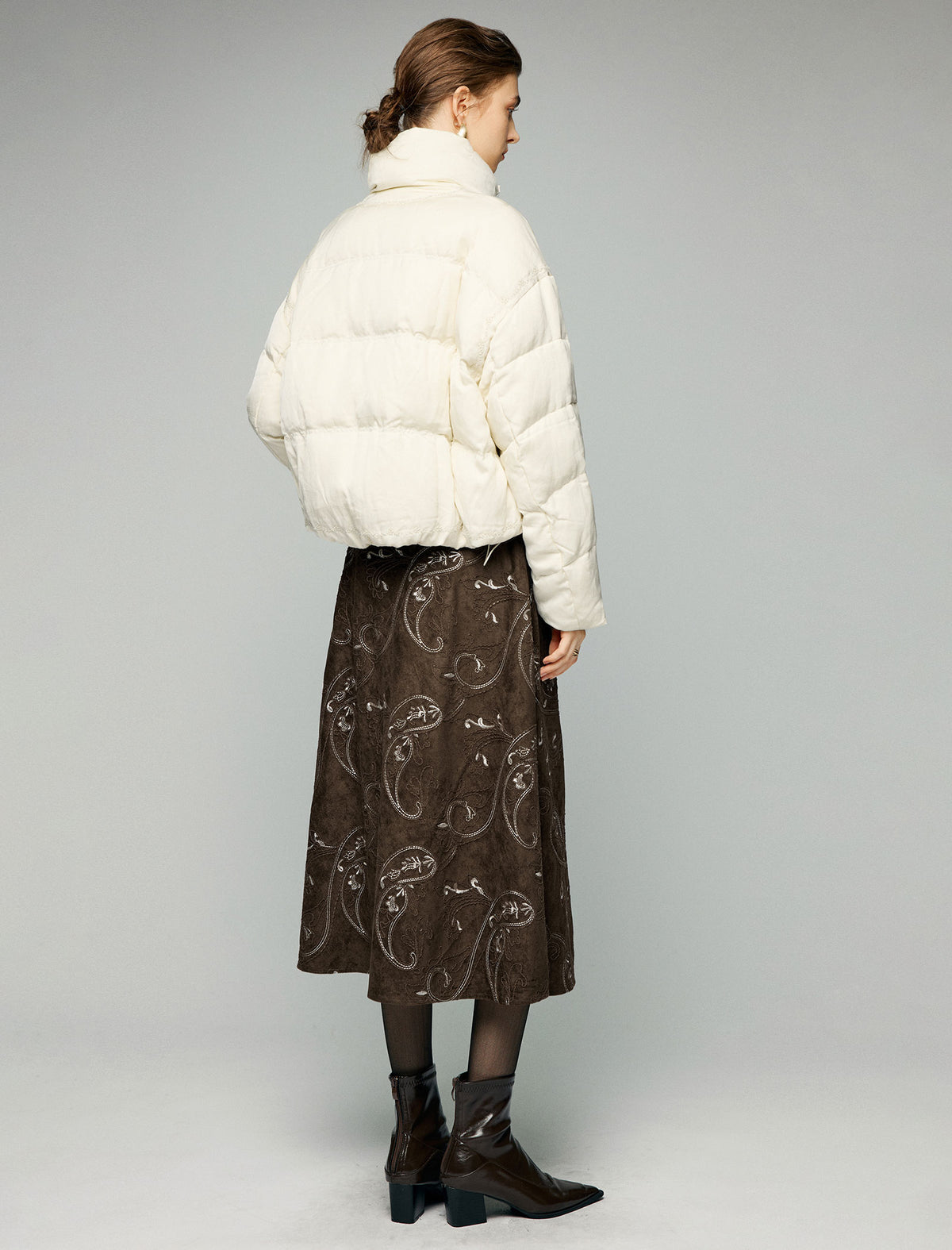 Textured Stand-Collar Zip-Front Cropped Puffer Jacket