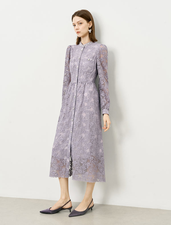 Lace Embellished neckline Pocket Detail Midi Dress