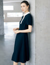 Contrast Collar Zip Front Short Sleeve A-Line Midi Dress