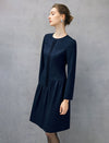 Wool Blend Pleated Crewneck Long Sleeve A-Line Dress