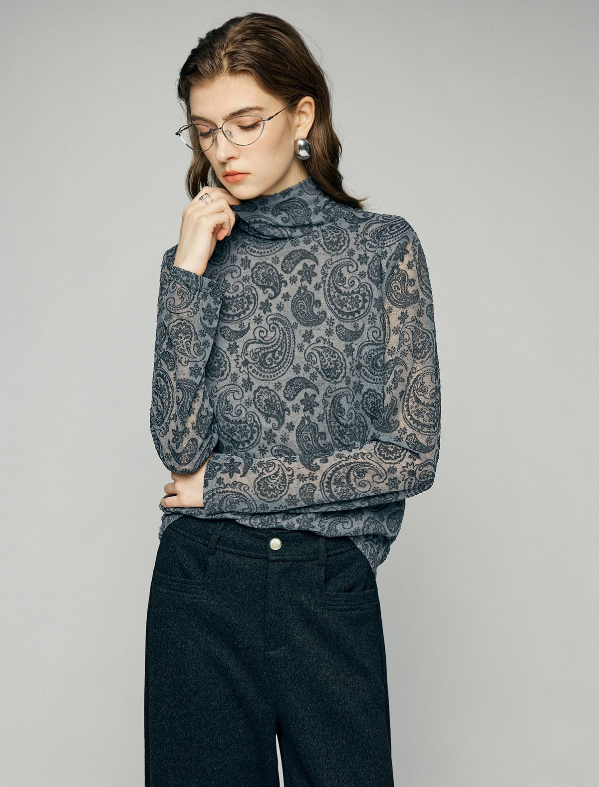 Paisley Print Turtleneck Fitted Long Sleeve Top