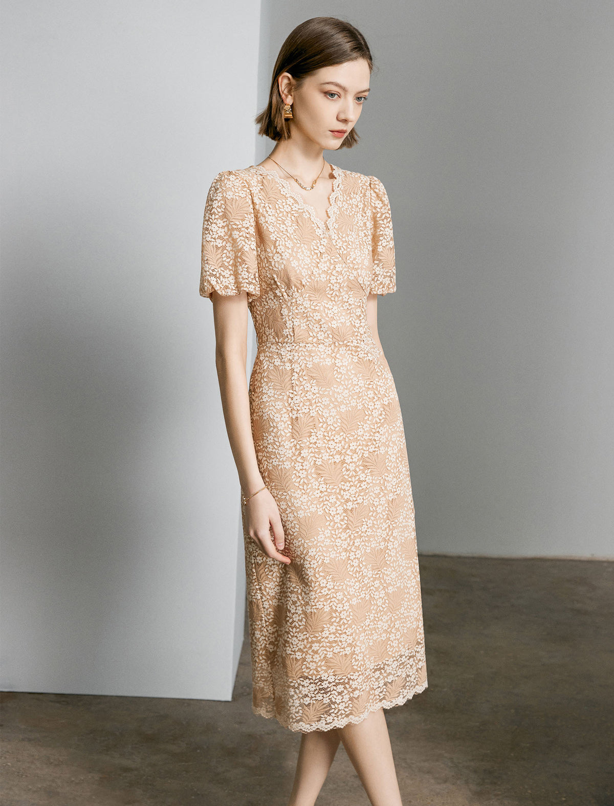 Apricot Lace V-Neck Midi Dress