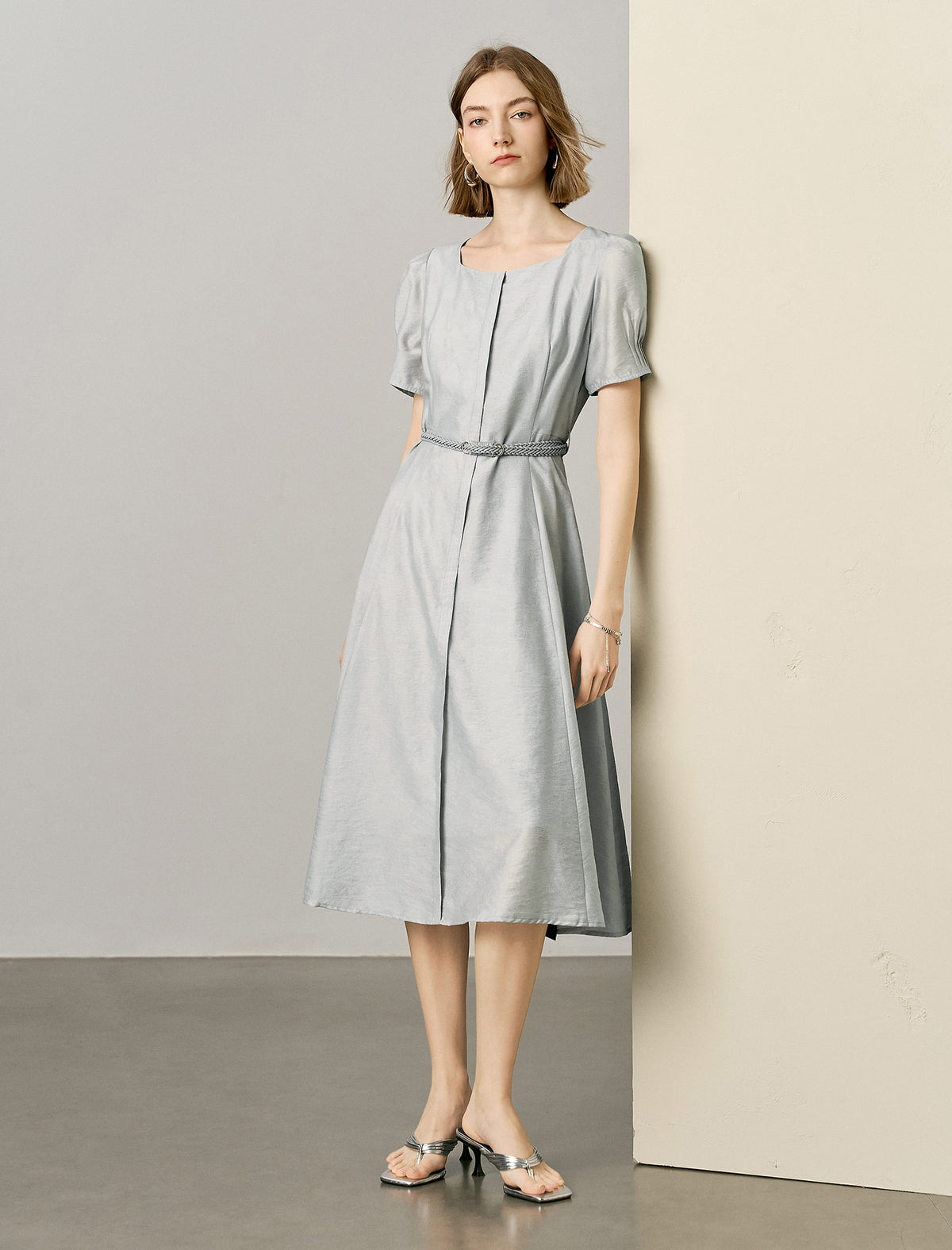 Tencel Square Neck Puff Sleeve Midi Dress