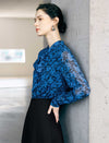 Blue Floral Print Tie Neck Long Sleeve Chiffon Blouse
