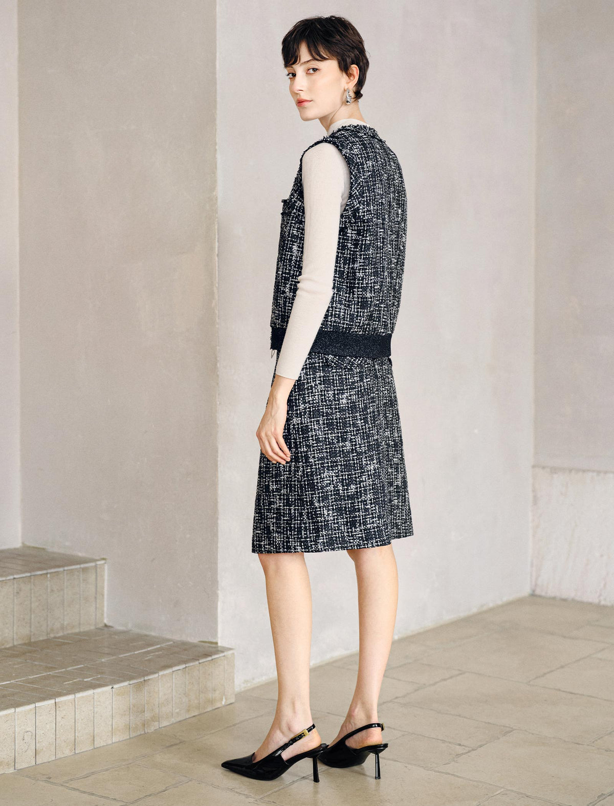 Wool Blend Sparkle Tweed Cropped Vest