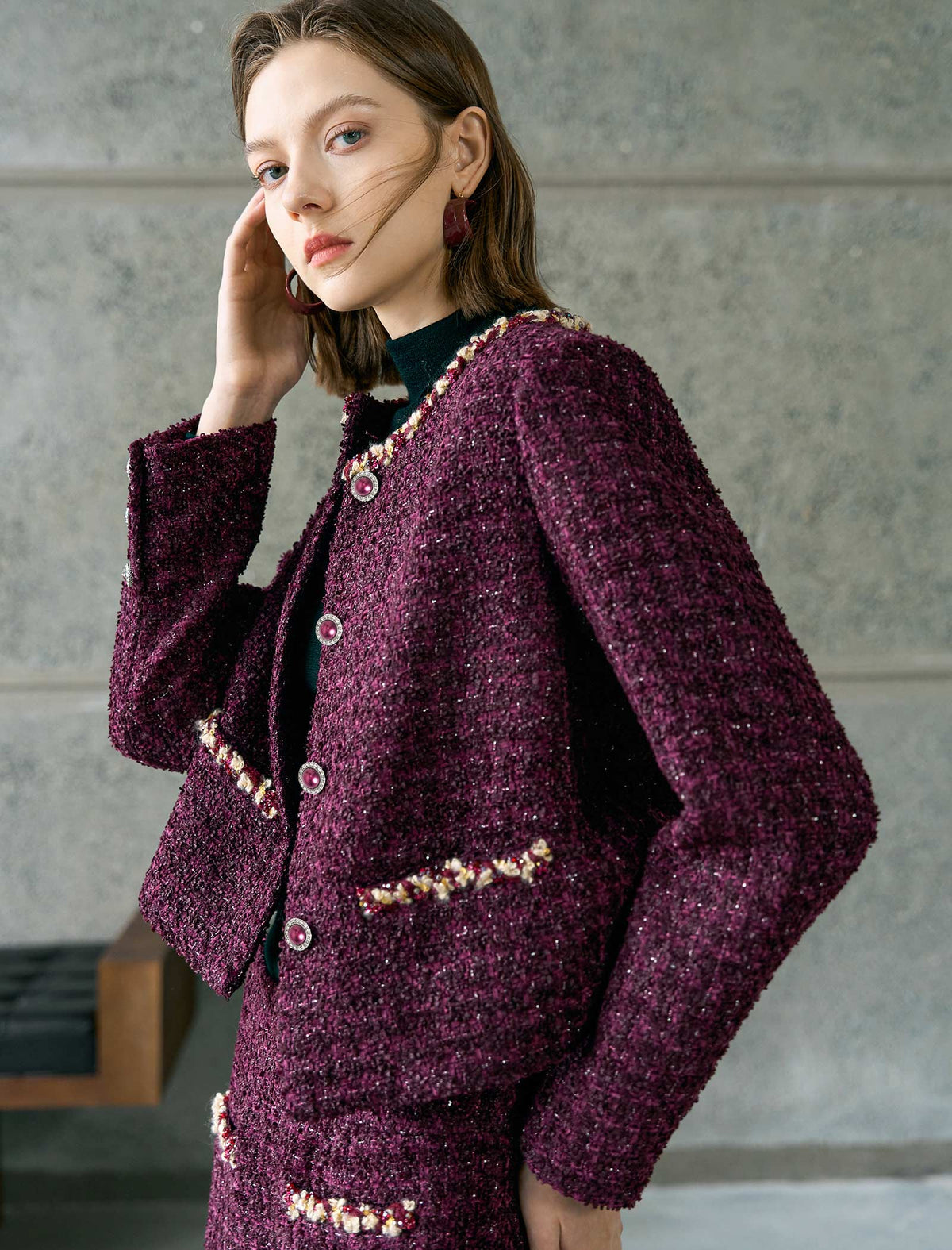 Burgundy Tweed Embellished Detail Jacket