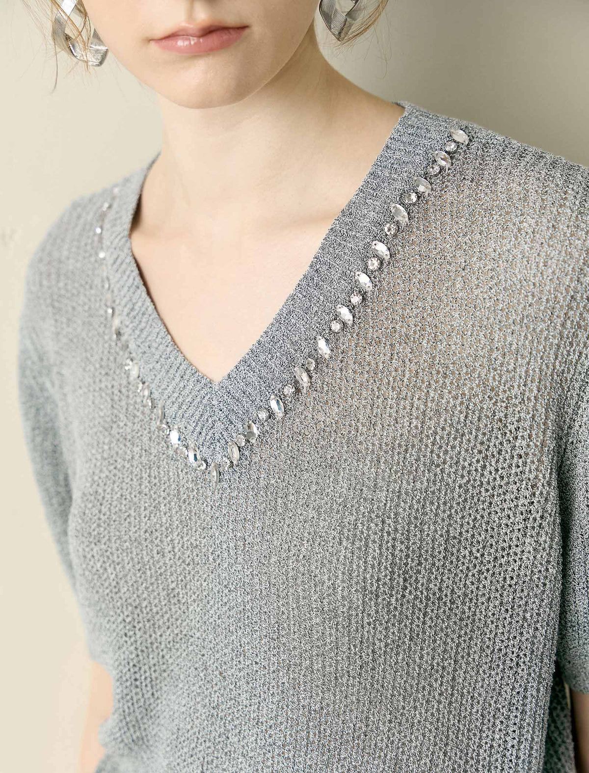 V-Neck Embellished Knit Top