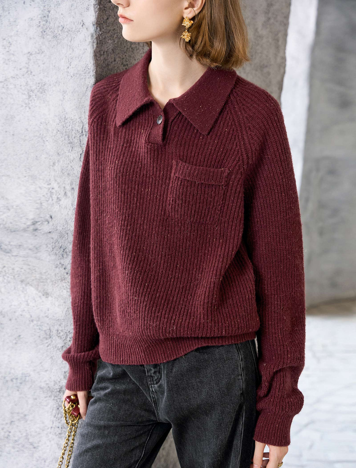 Wool Red Elegant Lapel Loose Knit Sweater