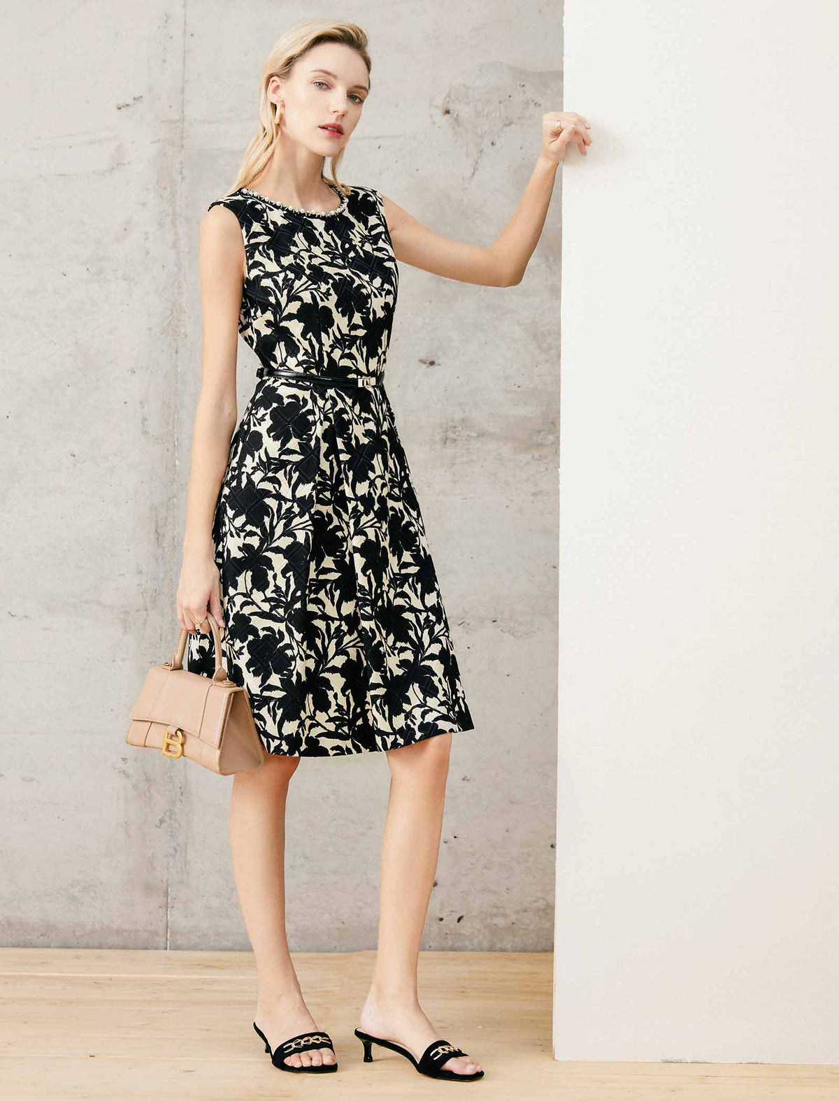 Beaded Neckline Black Floral Jacquard Sleeveless Dress