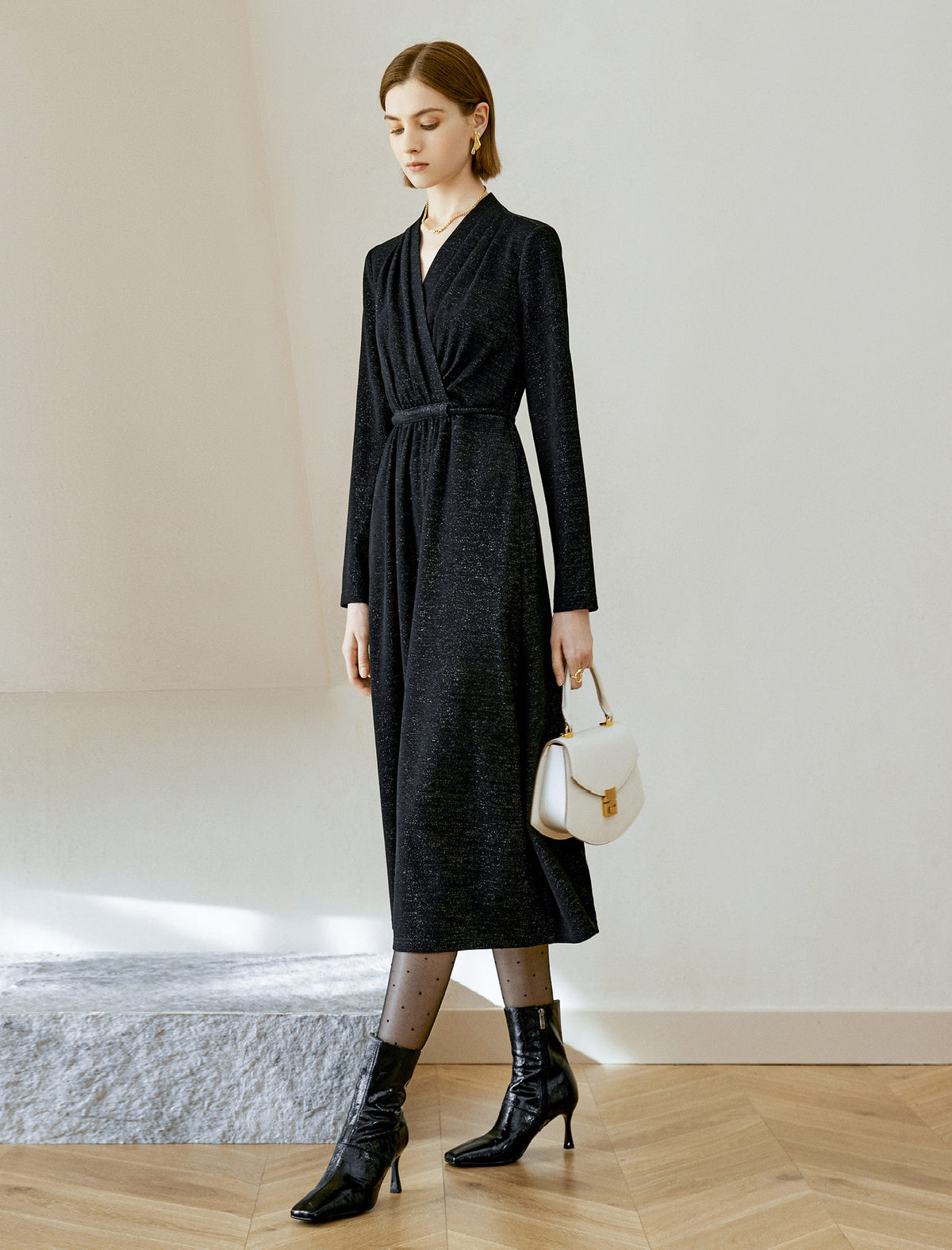 Glitter V-Neck Wrap Midi Dress