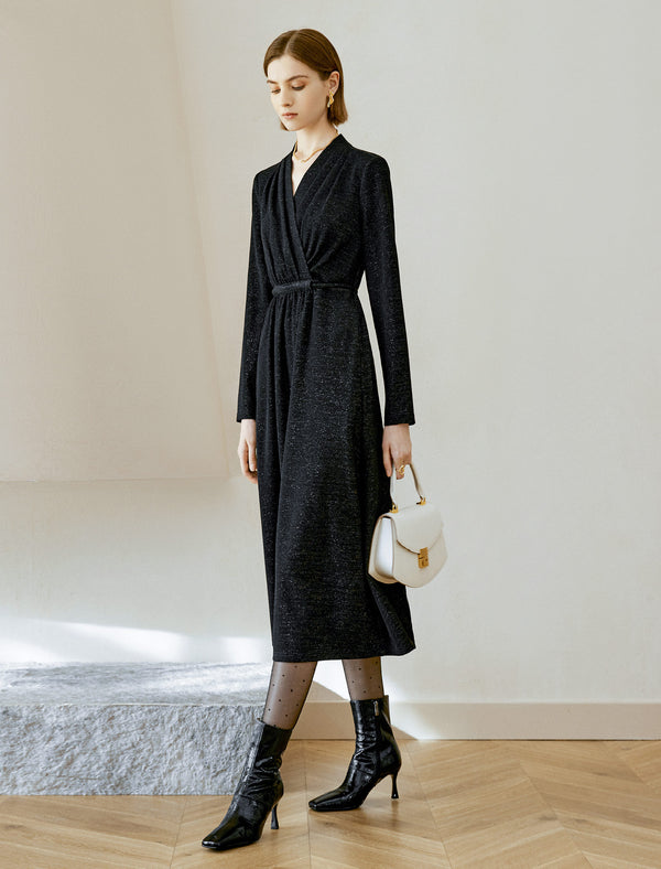 Glitter V-Neck Wrap Midi Dress