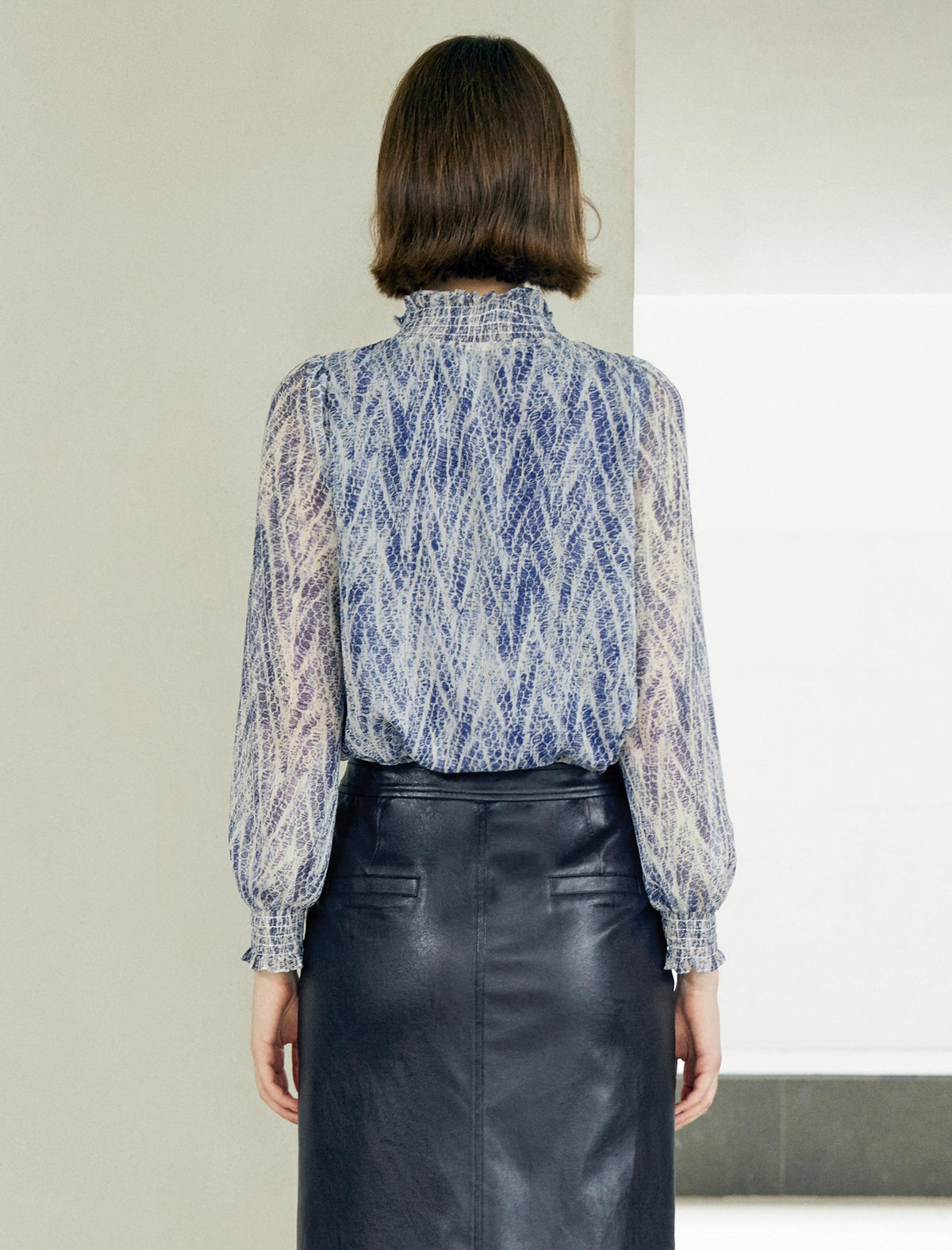 Printed Ruffled Stand Collar Long-Sleeve Blouse