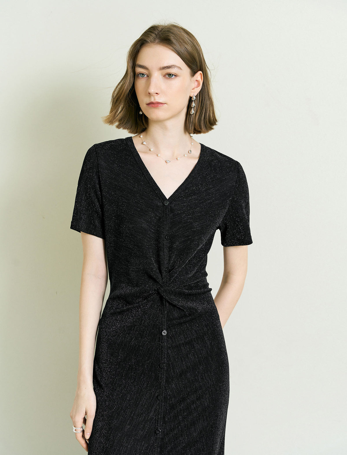 Shiny Black V-Neck Twist Detail Midi Dress