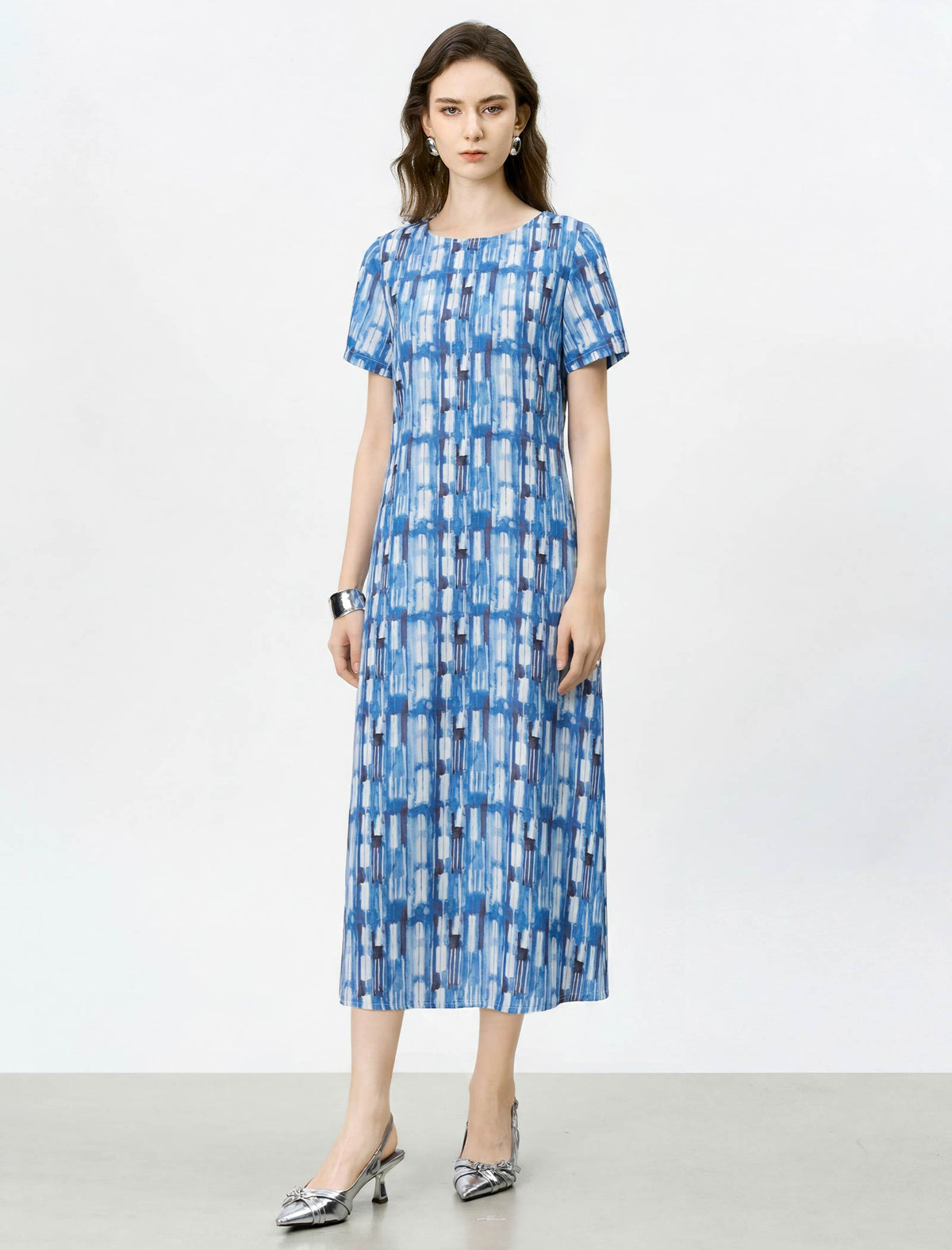 Mulberry Silk Watercolor Geometric Print Short Sleeve Tie Waist Midi Dress