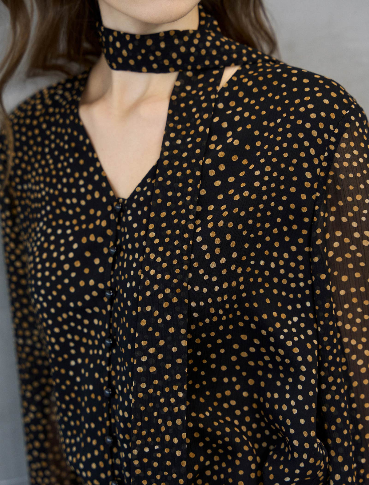 Black And Gold Dot Tie-Neck Blouse