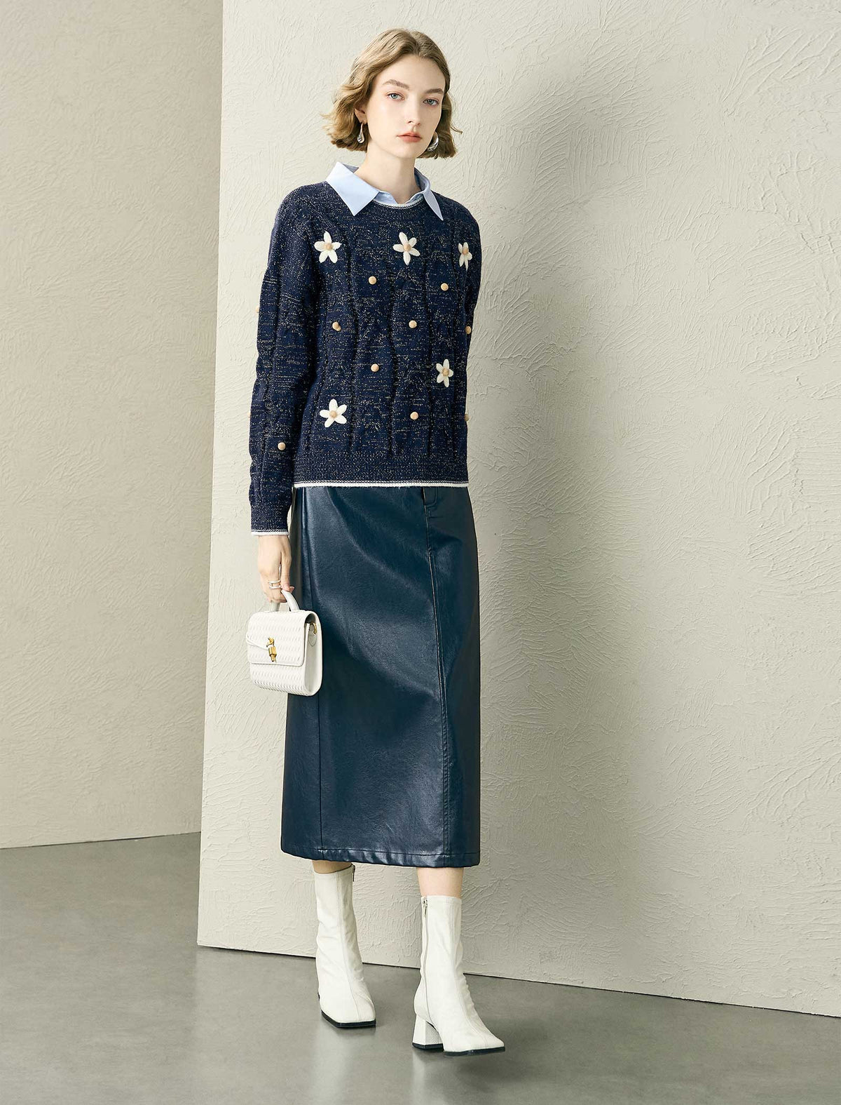 Floral Embroidered Contrast Trim Wool-Blend Sweater