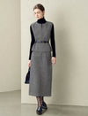 Gray Herringbone Wool-Blend Tweed Midi Skirt